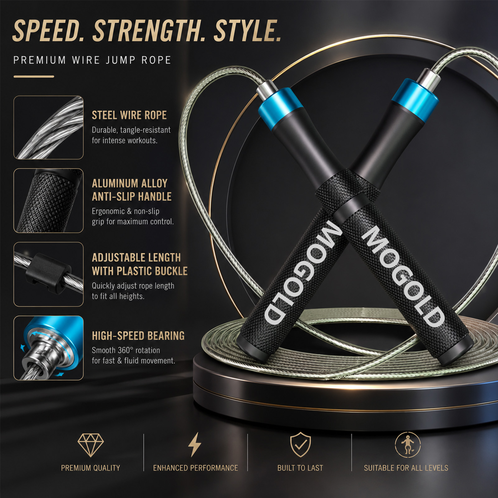 Speed Skipping Rope - MOGOLD Professionelles Speed-Springseil mit Metallgriffen, Hochgeschwindigkeitslagern